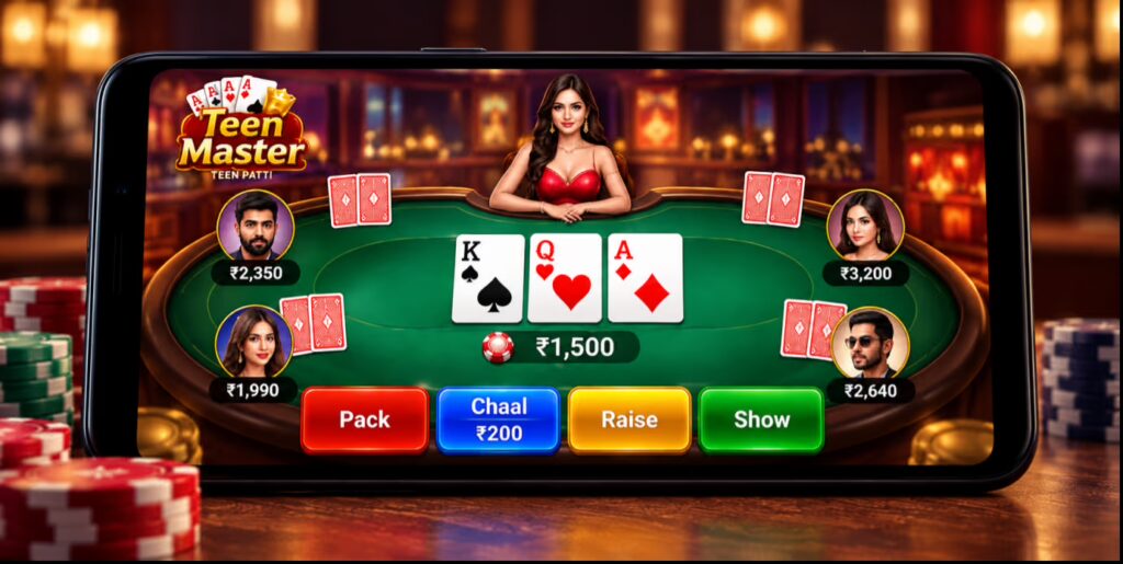 Teen Patti Master Android gameplay showing cards, players, pot and Pack, Chaal, Raise and Show options